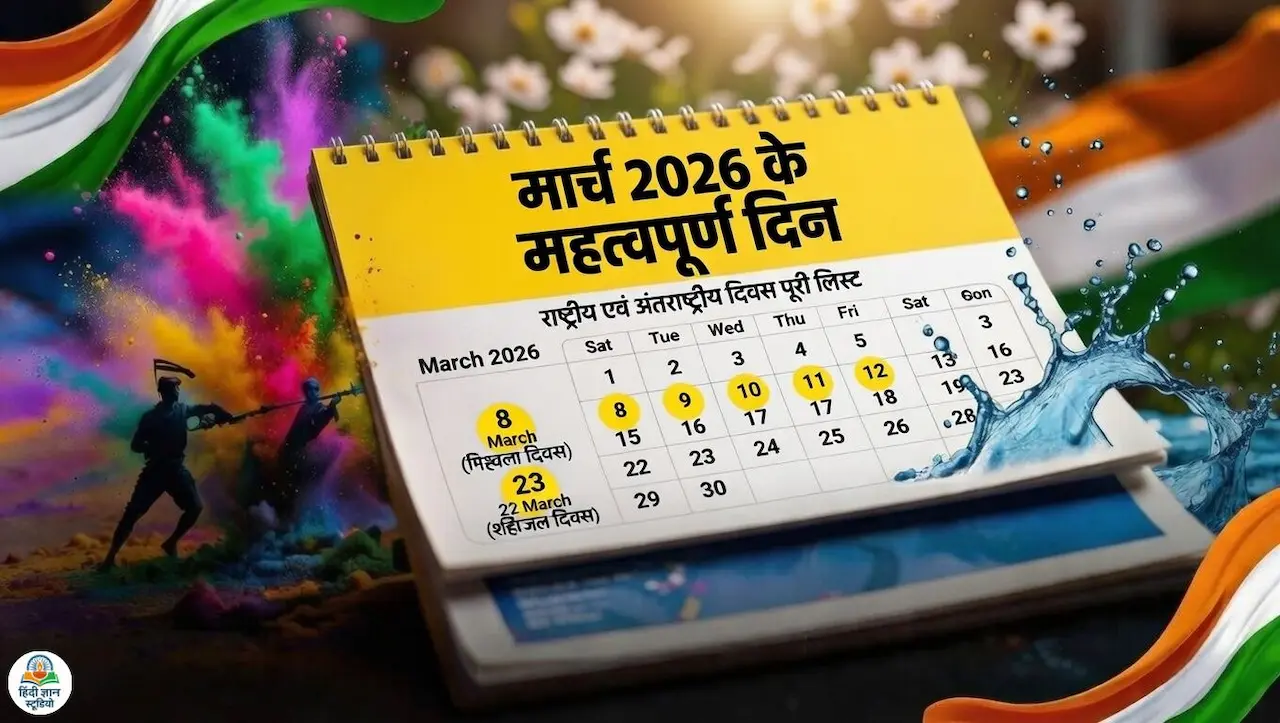 मार्च 2026 कैलेंडर में राष्ट्रीय एवं अंतर्राष्ट्रीय दिवस, होली, विश्व जल दिवस, शहीद दिवस और प्रमुख त्योहारों की सूची