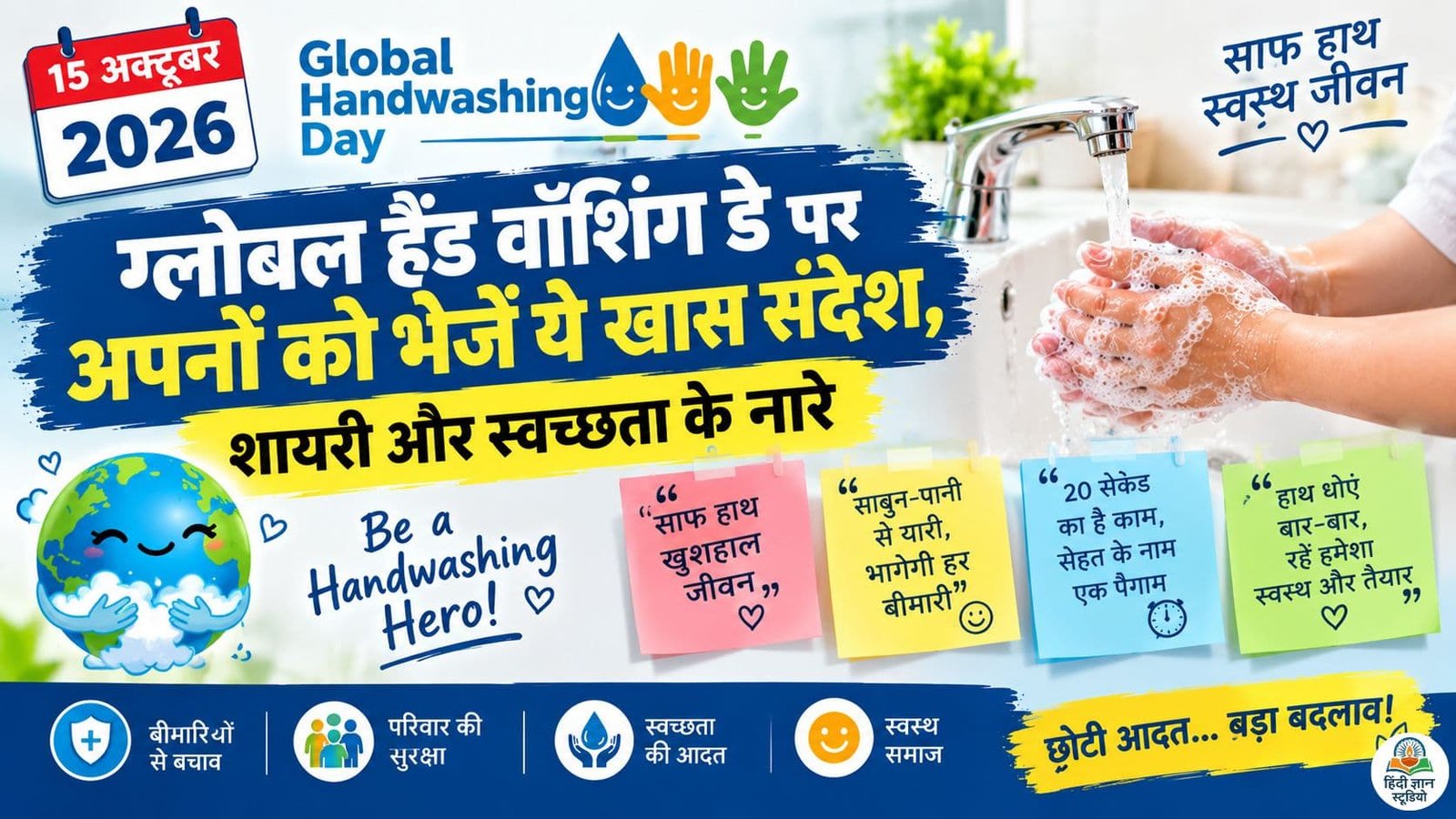 Global Handwashing Day 2026 की शुभकामनाएं, हाथ धोने पर हिंदी कोट्स, शायरी और स्वच्छता के प्रेरणादायक नारे