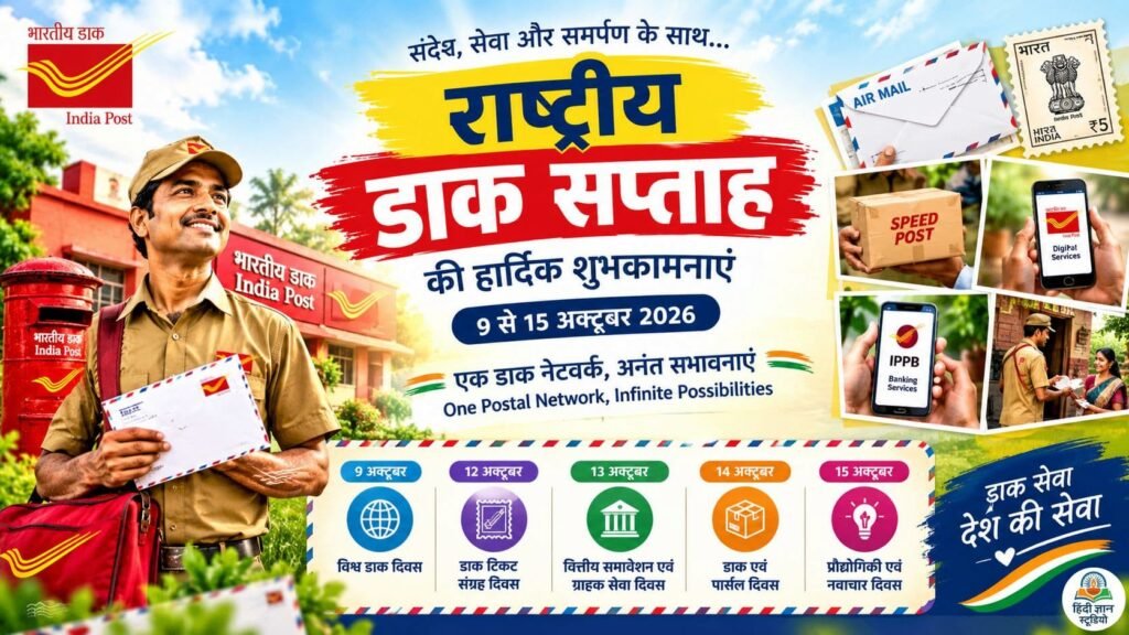 National Postal Week 2026: 9 से 15 अक्टूबर तक मनाया जाएगा राष्ट्रीय डाक सप्ताह? जानिए थीम, इतिहास और महत्व 1 National Postal Week 2026 की थीम और डाक सप्ताह के विशेष कार्यक्रमों को दर्शाता पोस्टर