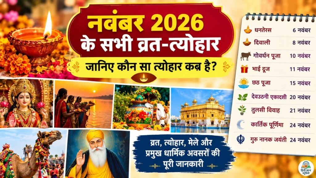 नवंबर 2026 के सभी व्रत-त्योहार और प्रमुख धार्मिक पर्वों की तारीखें