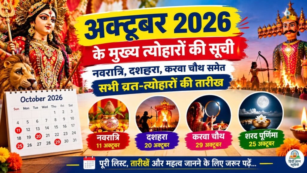अक्टूबर 2026 के प्रमुख त्योहारों की सूची जिसमें नवरात्रि, दशहरा, शरद पूर्णिमा और करवा चौथ शामिल हैं अक्टूबर 2026 के प्रमुख त्योहारों की सूची जिसमें नवरात्रि, दशहरा, शरद पूर्णिमा और करवा चौथ शामिल हैं