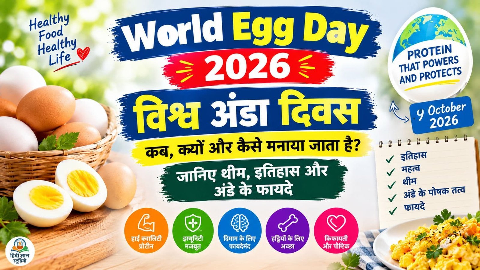 World Egg Day 2026 की थीम, अंडे के पोषण और स्वास्थ्य लाभ को दर्शाता पोस्टर